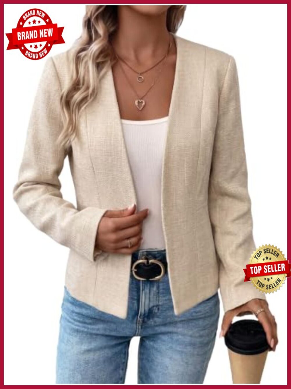 Tweed Cropped Open Front Cardigan Blazer Slim Fit Business Casual Jacket